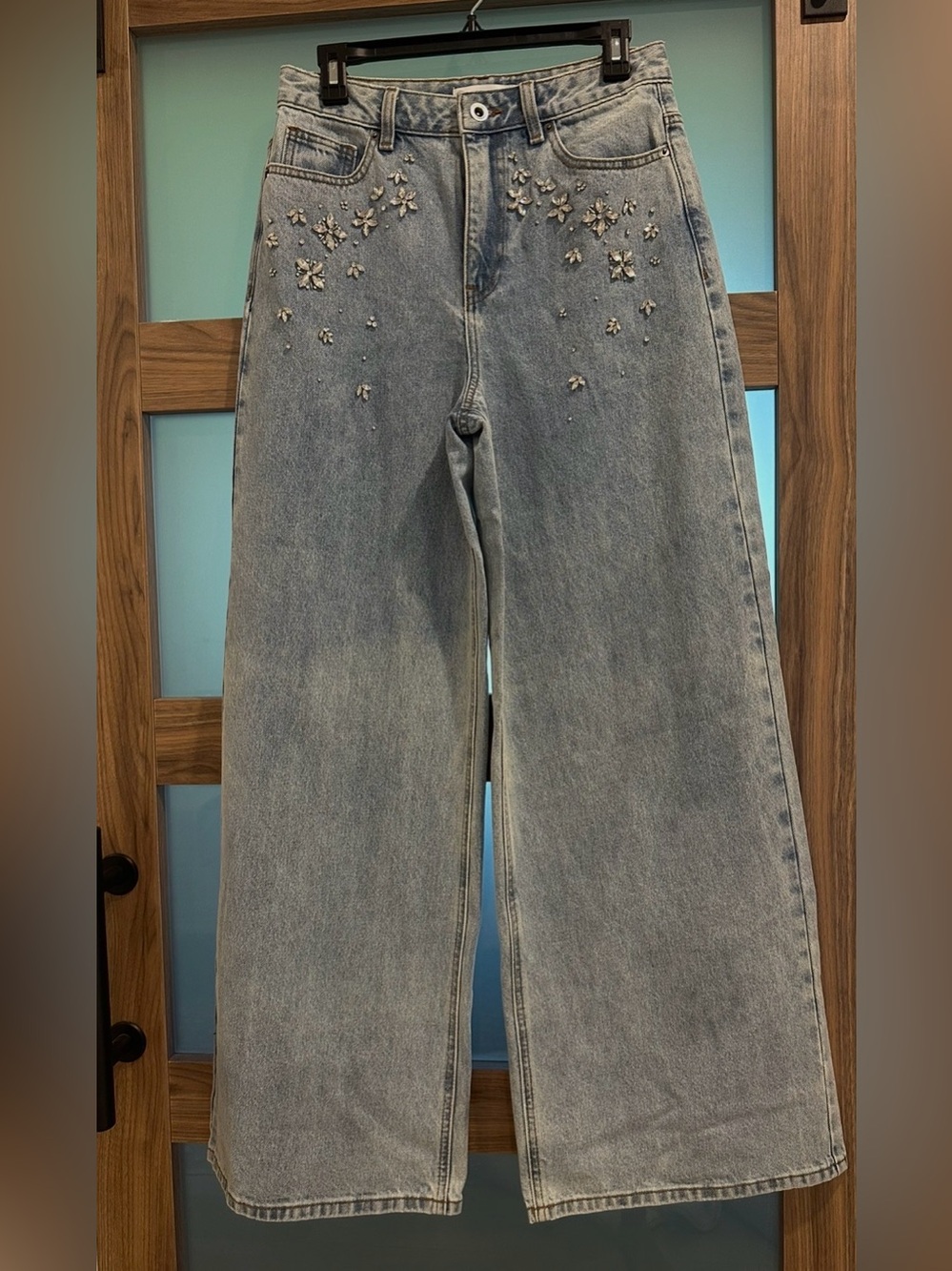 GORGEOUS Self-Portrait Light Blue Embellished Wide-Leg Jeans